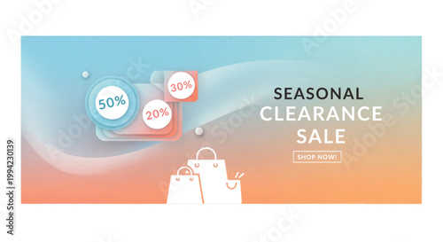 Seasonal clearance sale banner with abstract fluid shapes, shopping bag icons and discount percentages, modern retail promotion web header vector