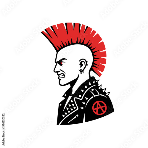 Vector illustration of a punk rocker with red mohawk hairstyle and leather jacket.