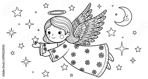 Charming angel illustration with celestial elements a black and white coloring page design