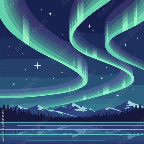 Stunning Northern Lights Aurora Borealis Over Snowy Mountain Landscape.