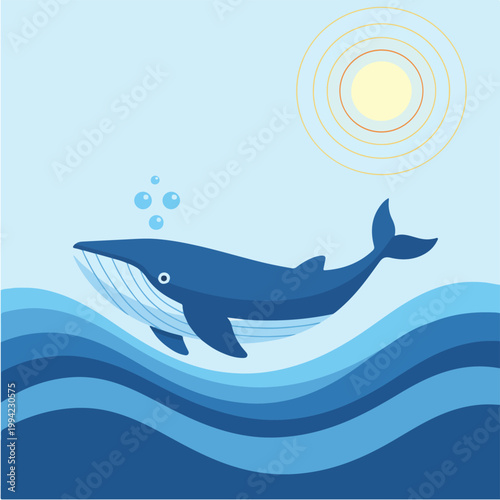 A flat vector illustration of a blue whale swimming in the ocean.