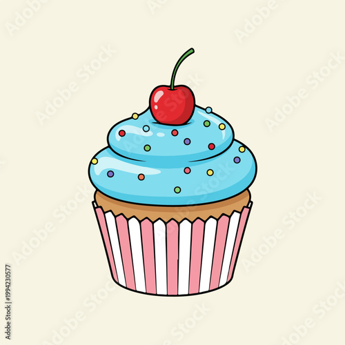 A delicious cupcake topped with blue frosting and a single red cherry.