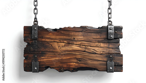 A rustic wooden sign, weathered and secured with metal brackets and chains, hangs against a stark white background, evoking a sense of vintage charm and industrial aesthetic.