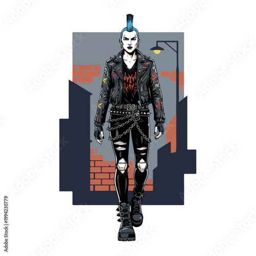 A tough punk rocker with a blue mohawk and leather jacket.