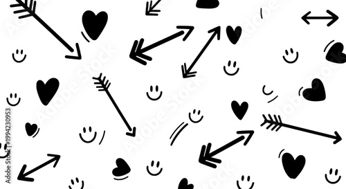 Hearts doodle drawn by hand with grunge scrawls and arrows featuring love, romance, valentine with sketch and black elements for white, simple