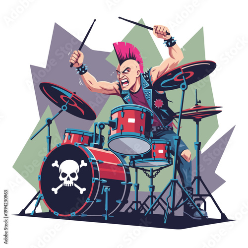 Aggressive punk rock drummer playing drums with skull emblem.