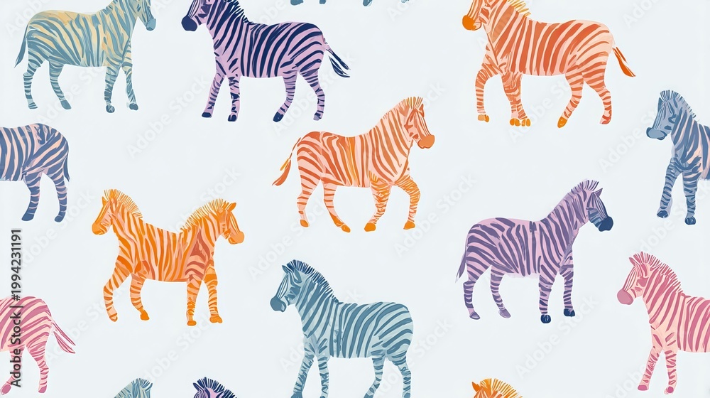 Fototapeta premium Flat zebra seamless repeat pattern, cute nursery decorative design with soft pastel colors on white background for textile and surface print