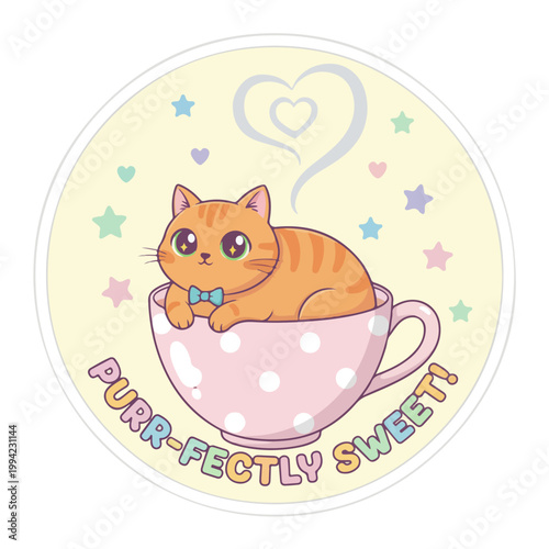 Cute cartoon ginger kitten sitting inside a pink polka dot teacup.