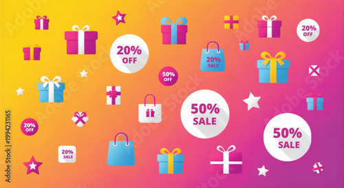 Colorful shopping sale background with gift boxes and shopping bags, 20% and 50% off discount labels, vibrant promotional vector illustration