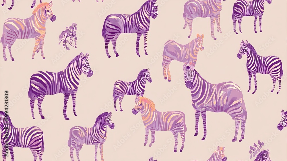 Fototapeta premium Flat zebra seamless repeat pattern, cute nursery decorative design with soft pastel colors on white background for textile and surface print