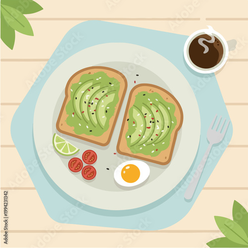 Flat vector illustration of avocado toast breakfast plate with coffee and egg.