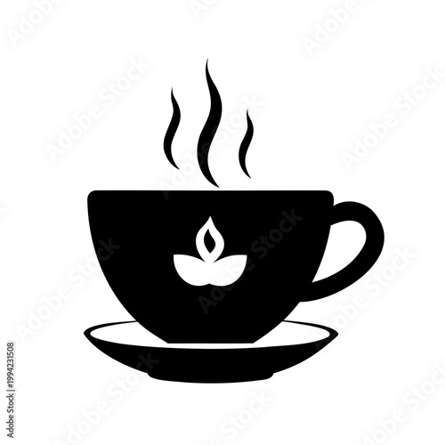 Stylized cup of hot beverage in black with leaf design and saucer