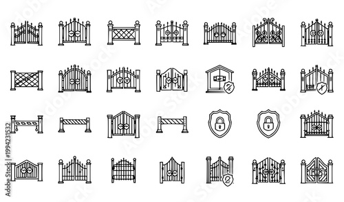 Wrought iron security gate linear icon set vector