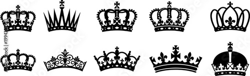 A set of black crown silhouettes on transparent background
