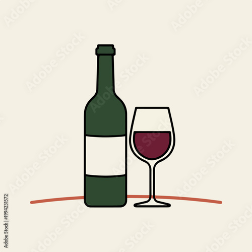 Minimalist illustration of a wine bottle and a glass of red wine.