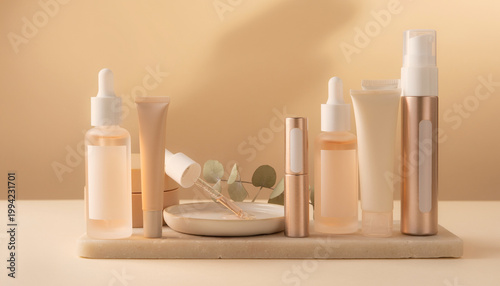 Skincare products on a wooden tray with eucalyptus on a table indoors