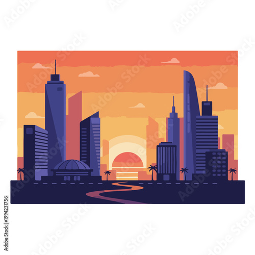 Modern city skyline with diverse skyscrapers and urban buildings.