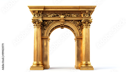 A detailed, ornate golden archway stands prominently against a stark white background, showcasing intricate architectural details and a sense of grandeur.