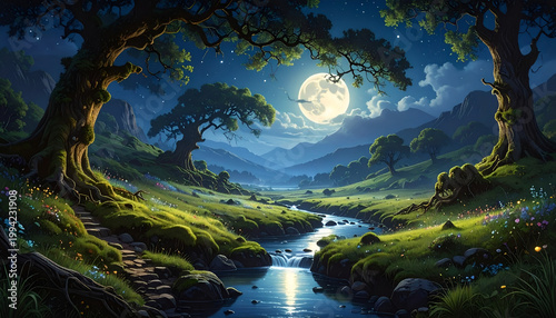 A serene nighttime landscape showcases a winding river flowing through a lush valley, illuminated by a bright full moon and framed by ancient, gnarled trees.