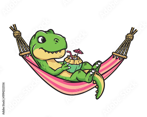 Dino is drinking coconut while relaxing in a hammock