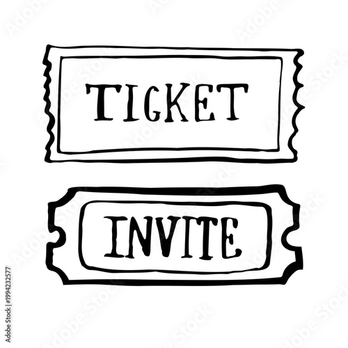 Hand-drawn retro ticket and invite coupons. Minimalist vector illustration of vintage paper admission stubs with jagged edges for events, cinema, or parties
