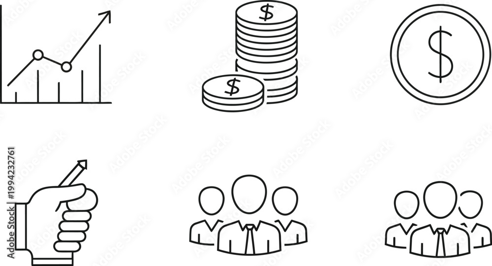 Fototapeta premium Financial Icons: A collection of simple line art icons representing financial concepts and business elements, perfect for design and presentation.
