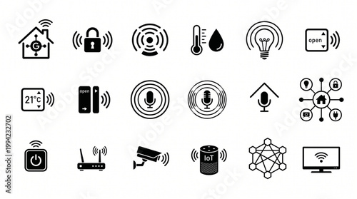 Smart home icon set, IoT automation symbols collection, wireless security camera, smart lock, wifi router, voice assistant microphone, thermostat, smart lighting, network hub, home automation icons