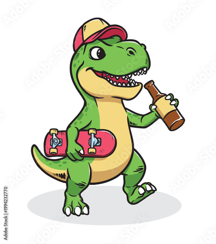 Dino walks drinking beer while holding a skateboard