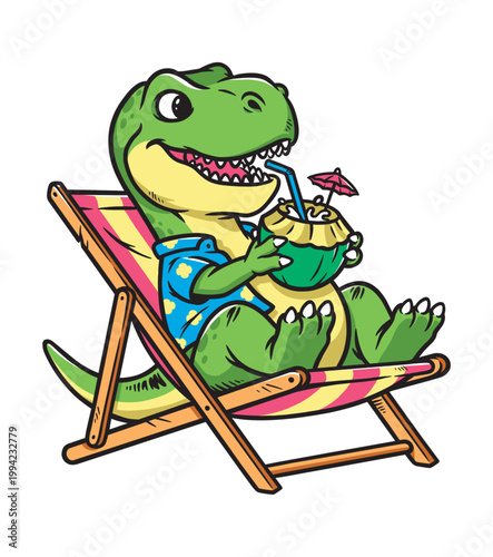 Dino is drinking coconut while sitting on a chair