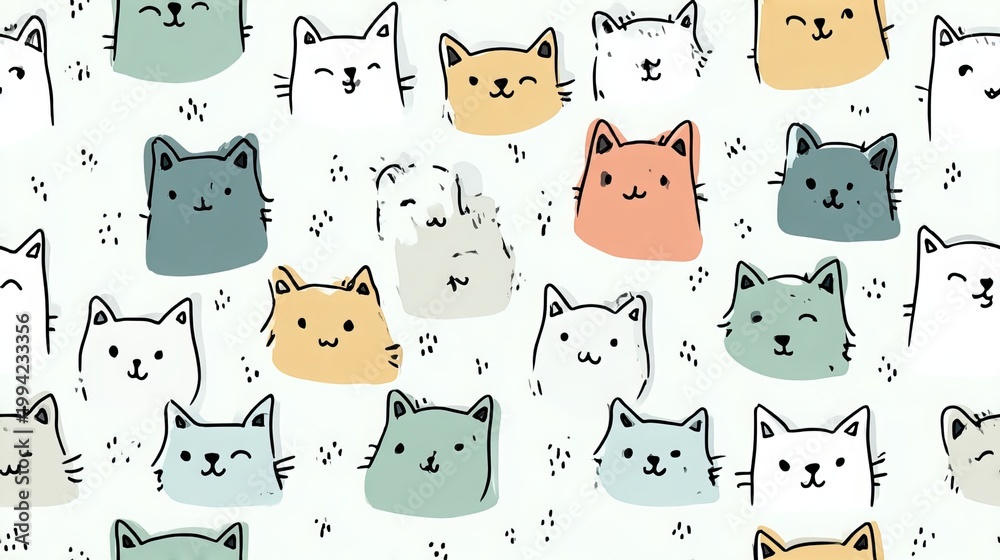 Fototapeta premium Minimal line art fox faces seamless pattern, cute nursery style decorative repeat design with soft pastel colors on white background for textile and surface print