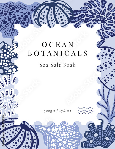 Elegant cosmetic packaging design with hand drawn corals and sea shells for bath products, spa branding, and organic skincare.