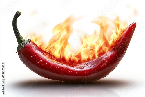 Burning red chili pepper with fire flames on white background hot spicy food concept