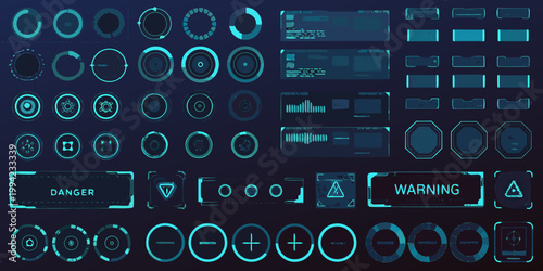 Collection of futuristic user interface elements in a glowing cyan hue