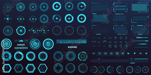 Futuristic user interface elements with glowing neon blue accents