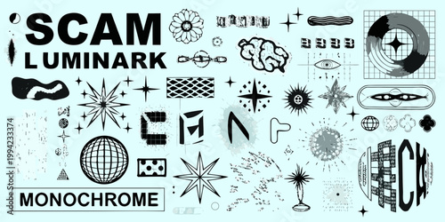 Abstract digital collage with scam luminark and monochrome elements