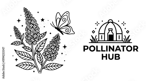 Minimalist vector illustration featuring butterfly and floral pollinator hub design
