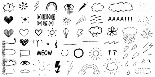 Collection of hand drawn doodle elements and whimsical black ink sketches