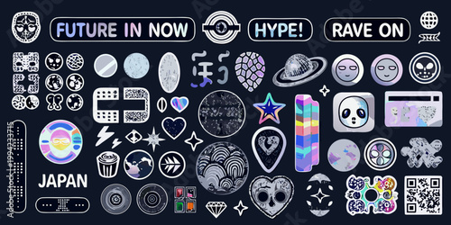 Collection of futuristic stickers and badges in shades of blue and white