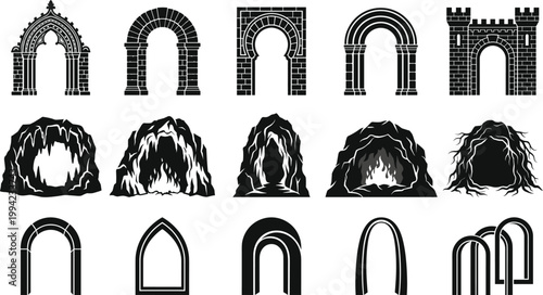 Foto Arch doorway cave entrance set, medieval portal collection, stone tunnel silhoue
