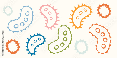 Colorful illustrations of various bacteria and microbe shapes on a white background