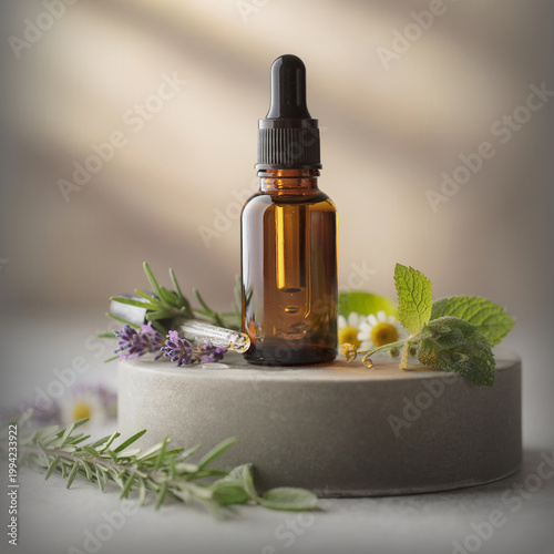 A bottle of essential oil surrounded by herbs and flowers on a concrete pedestal indoors