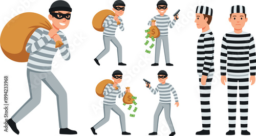 Cartoon thief robber set, criminal character collection, burglar stealing money vector illustration design pack bundle icons