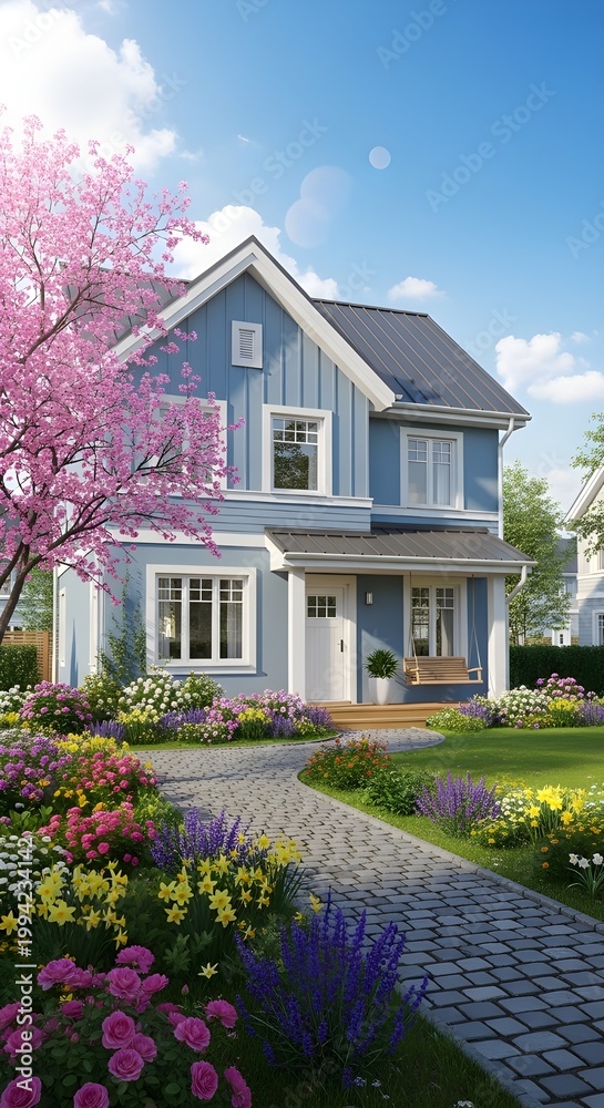 Fototapeta premium Charming blue house with vibrant flower garden and blooming cherry blossom tree on a sunny day