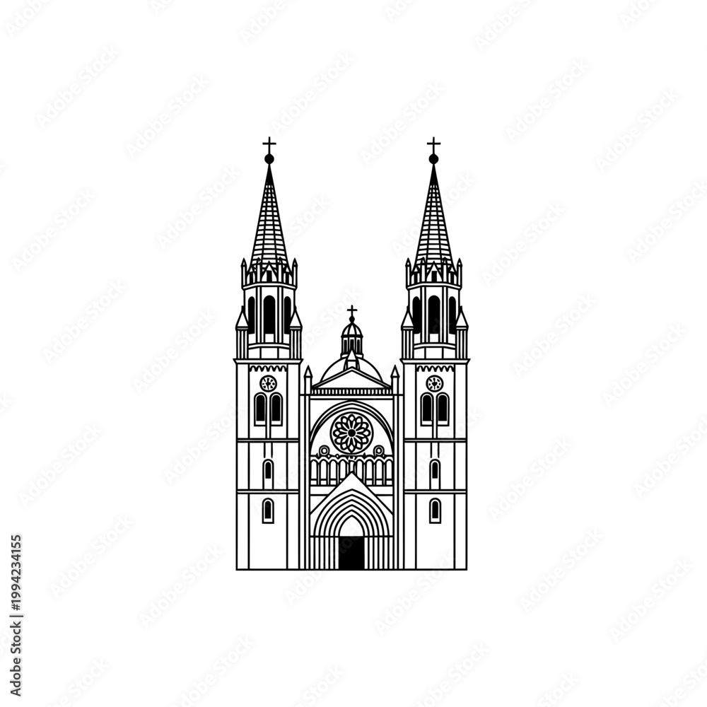 Fototapeta premium Minimalist Gothic Cathedral Architecture Vector Line Art Illustration