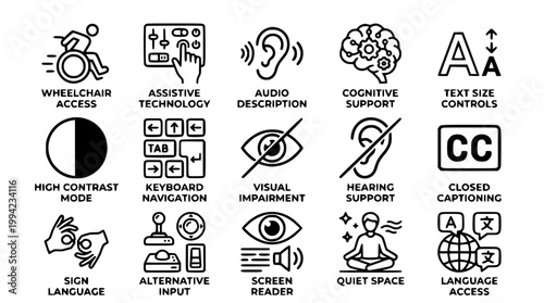 Collection of vector icons for digital accessibility and inclusive design
