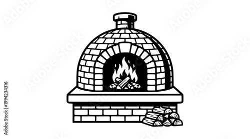 Traditional outdoor brick oven with burning firewood illustration