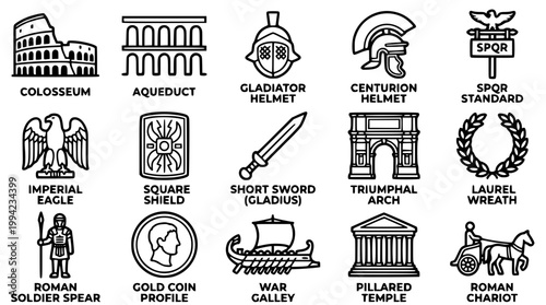 Set of black and white ancient roman culture vector icons