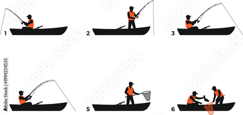 Fishing sequence set, angler catching fish from boat collection, sport fisherman vector illustration design pack bundle
