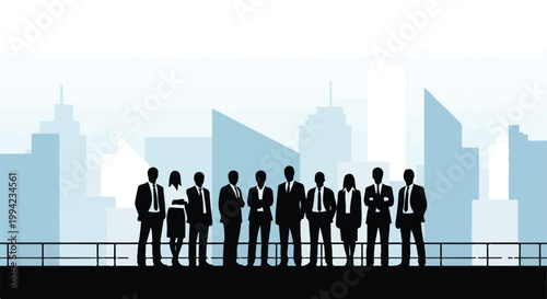 Silhouette of business people standing on rooftop overlooking cityscape