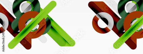 Abstract geometric shapes, lines, circles overlap. Green, brown, silver colors dominate composition. Modern design element.
